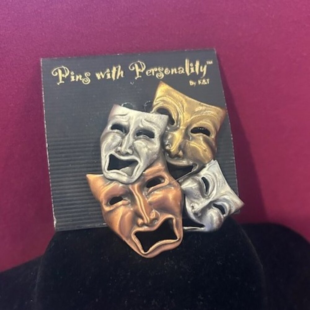 K & T Pins with Personality Mixed Metal Theater Mask BROOCH
